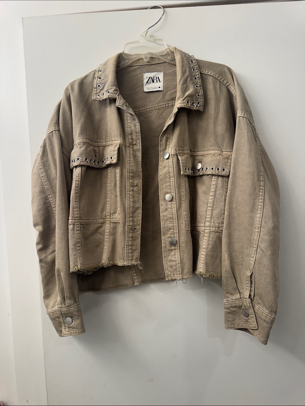 Zara Taupe Stud-Trim Cropped Jean Jacket size medium